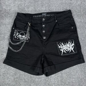 HT Denim Shorts Juniors 11 Black Ultra Hi Rise Button Front Chain‎ Grunge Emo